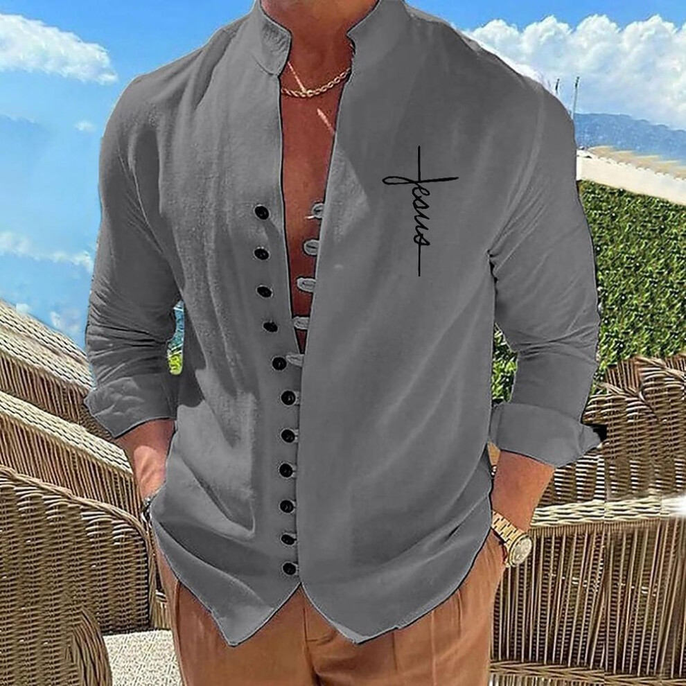 (M, grey) Cotton Blouse Beach Style Top Man Long Sleeved Stand Up Collar Letters Printed Retro Slim Fit Men's Casual Shirts