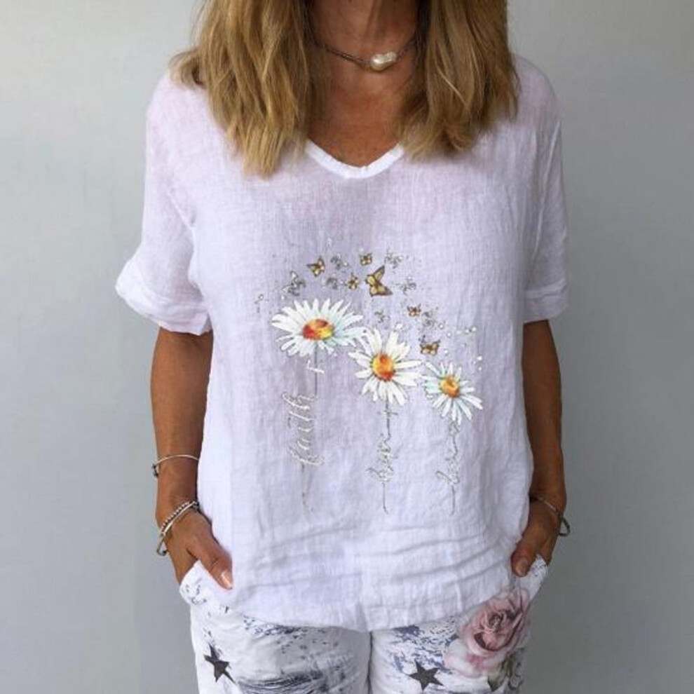 (XL, white) (M-3XL) Women Solid Color Short Sleeve Flower Print Loose T-shirt Blouse Top