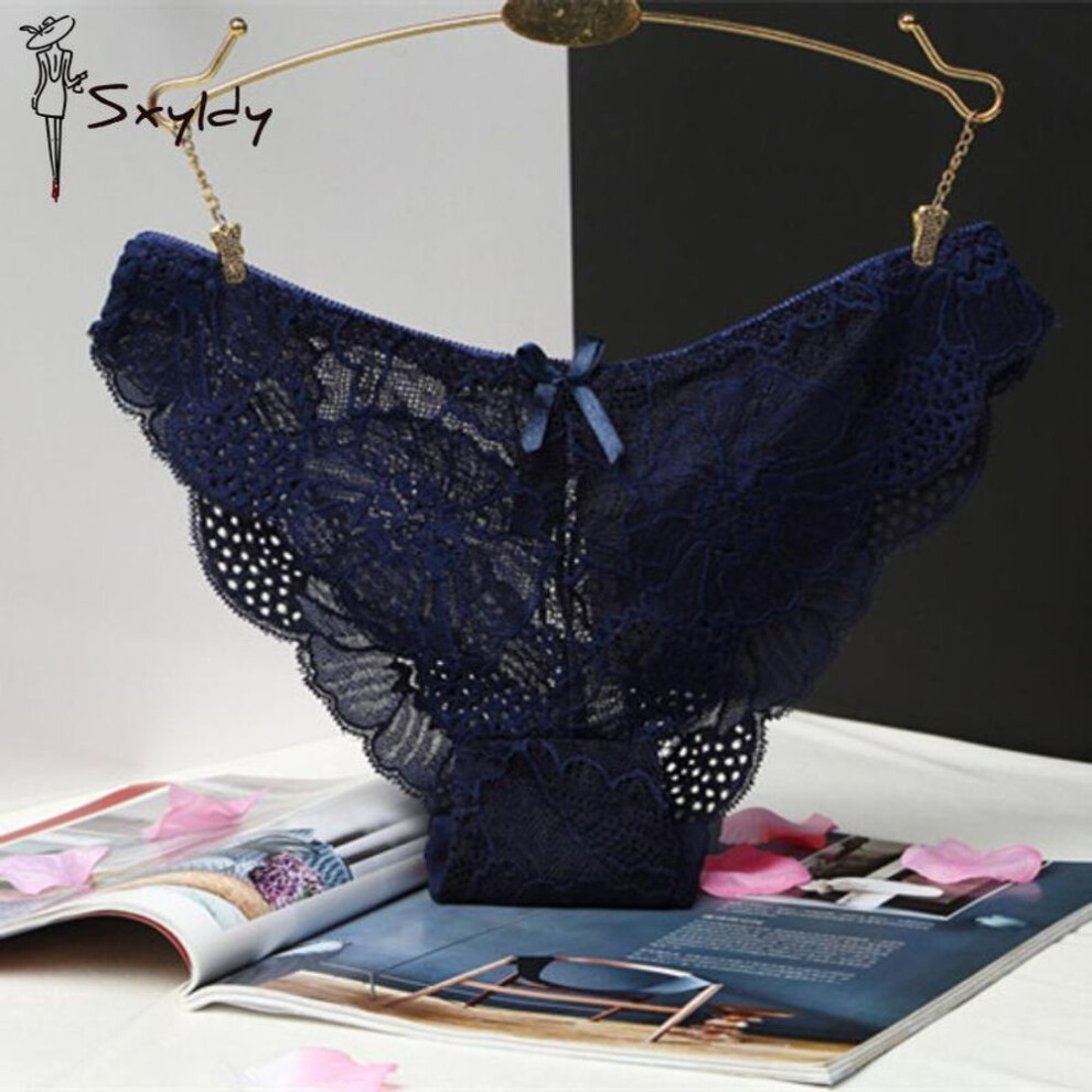 (dark blue, XL) Non-marking Full Lace Low-rise Panties Sexy Hollow Lace Edge Breathable Bikini Women's Panties