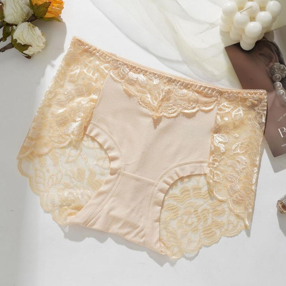 (beige, XL) Ladies Sexy Lace Panties Summer Thin Seamless Mid Waist Breathable Ladies Panties