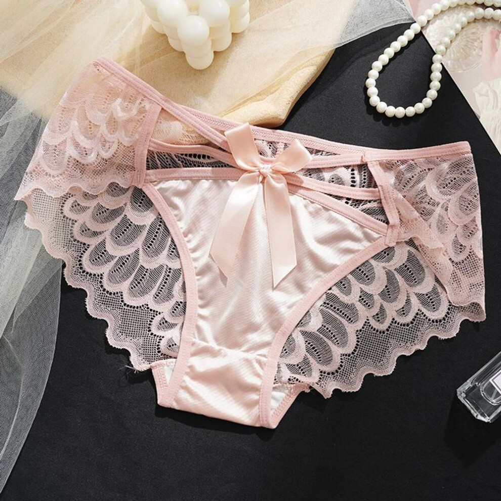 (pink, M) Bowknot Hollow Lace Panties for Women Satin Pure Cotton Crotch Breathable Sexy Mid-waist Women Briefs Underwear Knickers