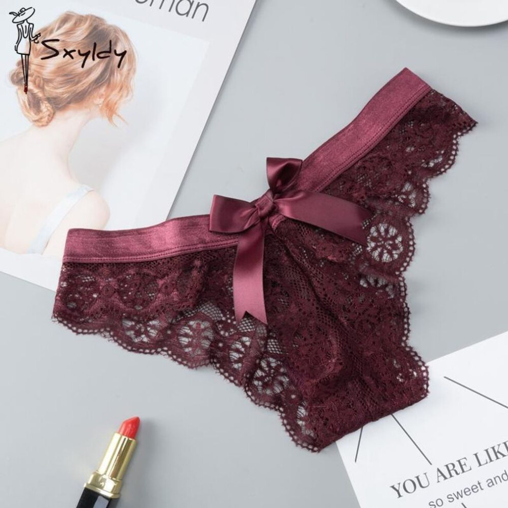 (wine red, M) Women's Lace Transparent Panties Sexy Low Waist Underwear Seamless Bow Hollow Thong