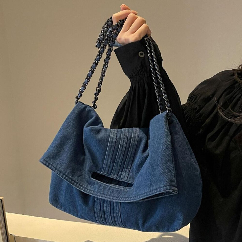 (dark blue) Women's Washed Denim Shoulder Bag - 2024 Fashion, Large Capacity, High-End Commuting Tote