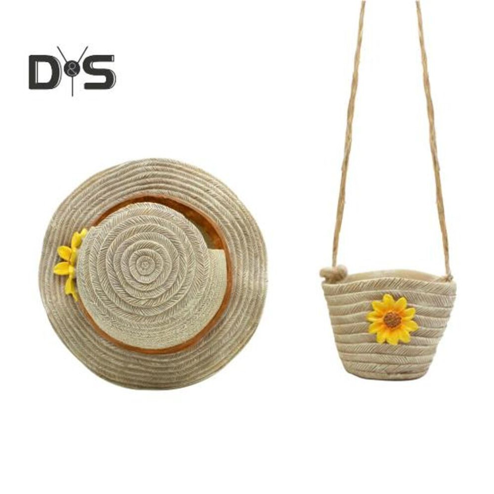 Farmhouse Boho Wall Planter Straw Hat Shoulder Bag Flower Pot Resin Bonsai Plant Pot for Indoor Outdoor Balcony Garden Decor Succulents Dried Flowers