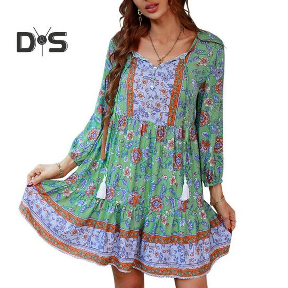 (green, L) Women's Floral Boho Dress Casual Long Sleeve Flowy Short Dress Loose V-neck Button Down A-line Dress Mini Beach Sundress