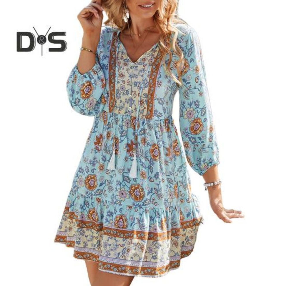 (blue, XL) Women's Floral Boho Dress Casual Long Sleeve Flowy Short Dress Loose V-neck Button Down A-line Dress Mini Beach Sundress
