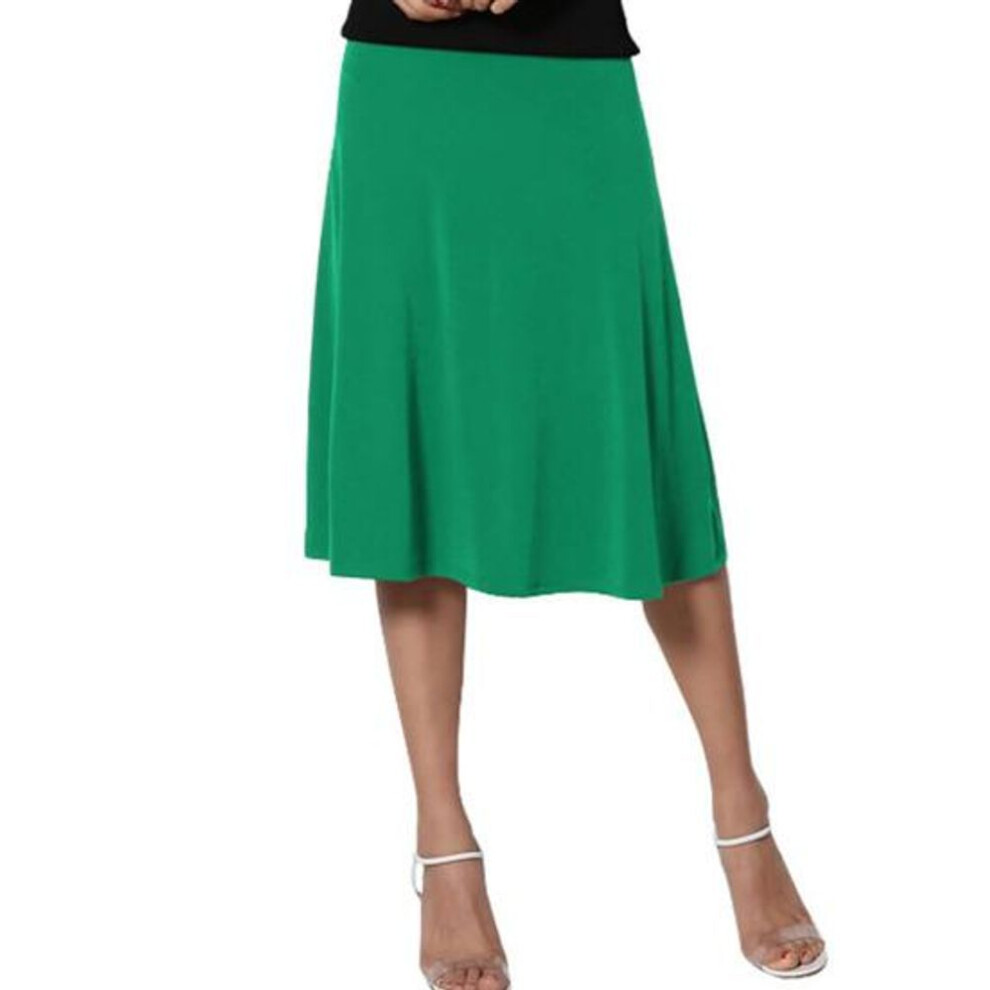 (S, green) Women's Knee Length Skirt Summer Casual High Waisted Flared A-Line Skirt Stretchy