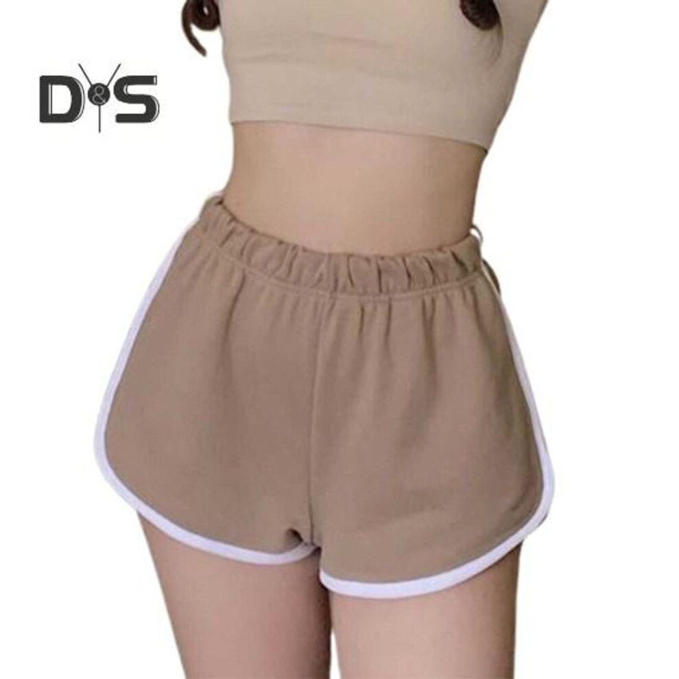 (khaki, M) Women Casual Shorts Elastic Waist Mid-rise Sporty Shorts Patchwork Color Loose Fit Fitness Running Short Pants