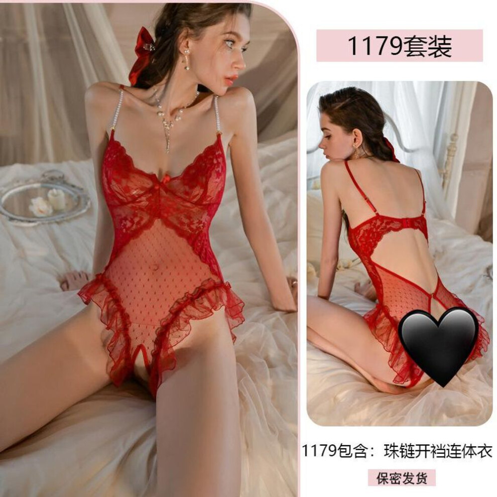 (burgundy, one size fits all) Sexy sex bead chain suspender lace seduction open crotch onesie women's pure desire pajamas 1179