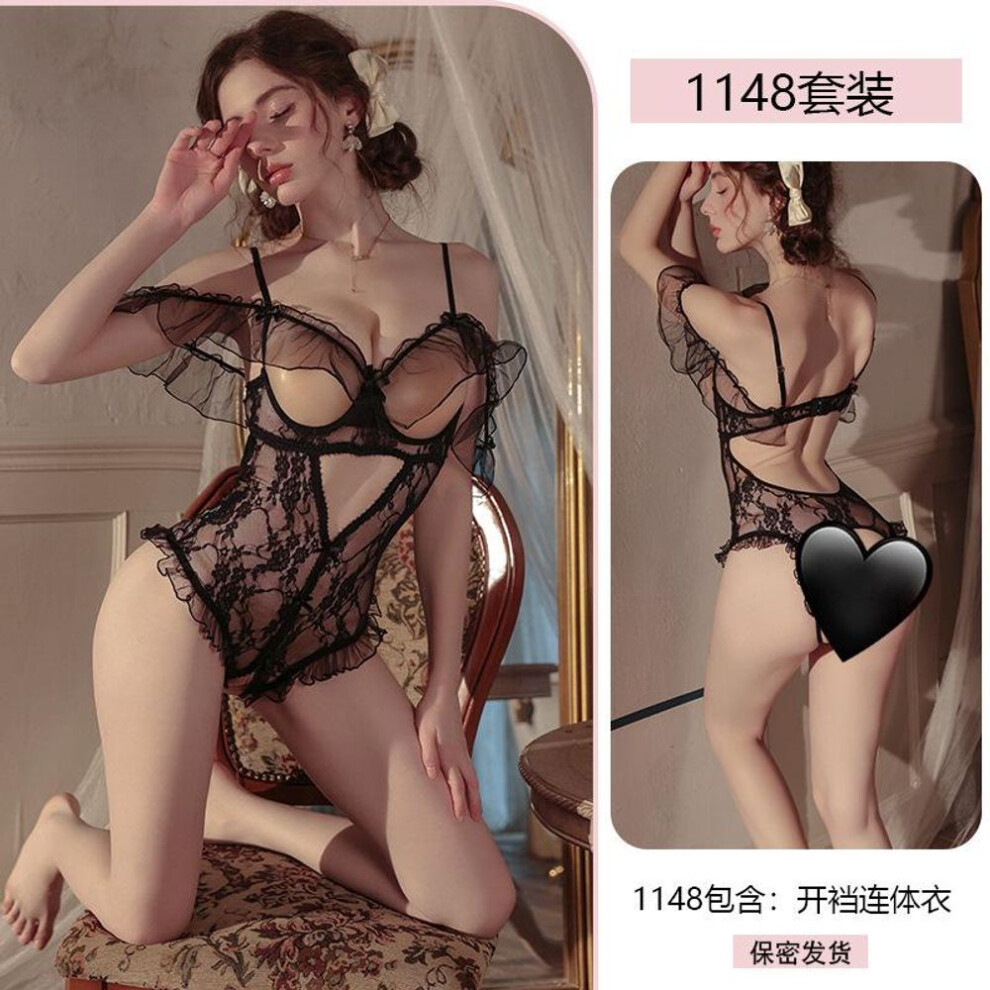(black, one size fits all) Sexy sexy onesie women's steel ring gathers lace seduction pajamas open crotch uniform set 1148