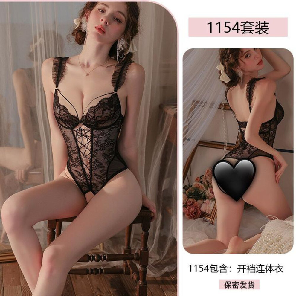 (black, one size fits all) Sexy sexy lace onesie women's pure desire lace-up uniform perspective seduction pajamas 1154