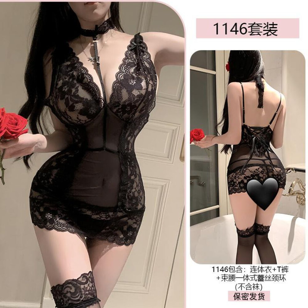 (black, one size fits all) Pure desire neck lace temptation hip skirt women's sexy perspective uniform pajamas set 1146