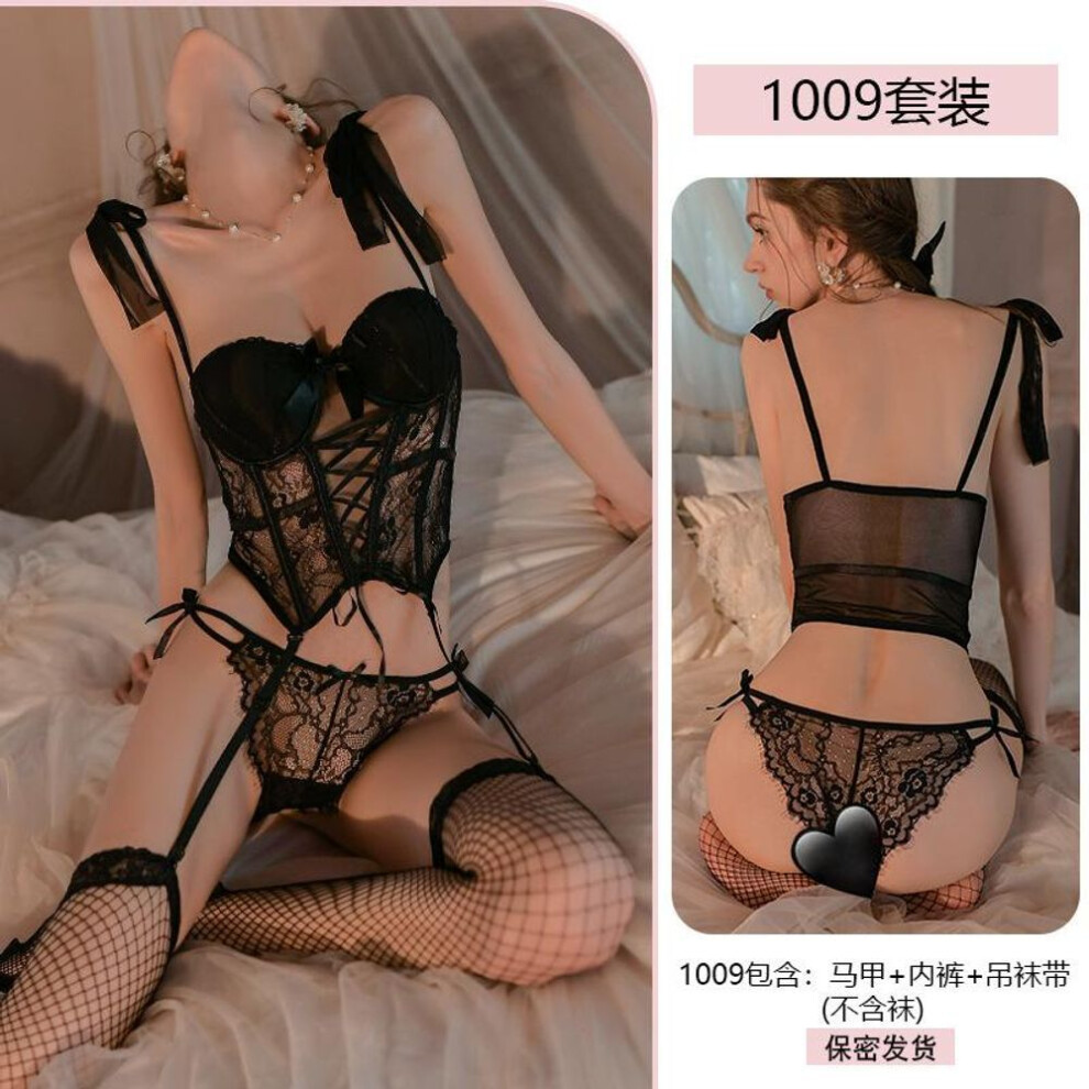 (black, One Size) Sexy sexy pure desire vest lace temptation body sculpting fish bone garter pajamas women's suit 1009