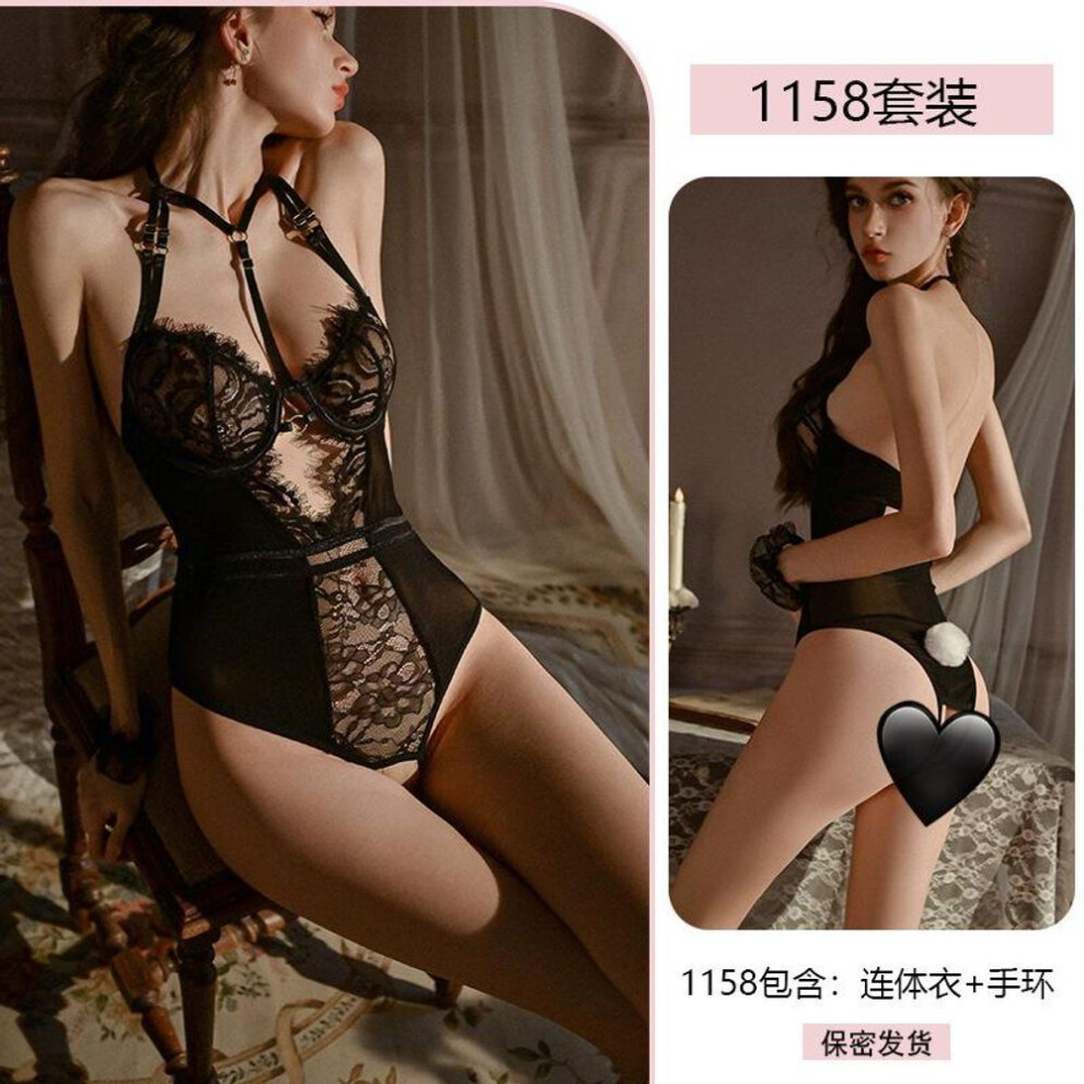 (black, one size fits all) Sexy sexy pure lace seduction onesie women's steel ring gathering perspective uniform pajamas 1158