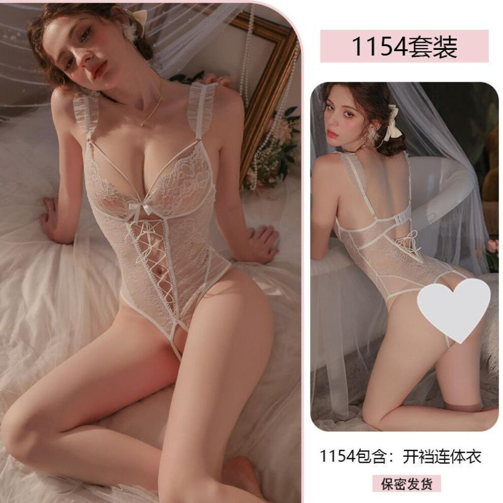 (white, one size fits all) Sexy pure desire onesie women's lace seduction pajamas open crotch perspective free uniform 1154