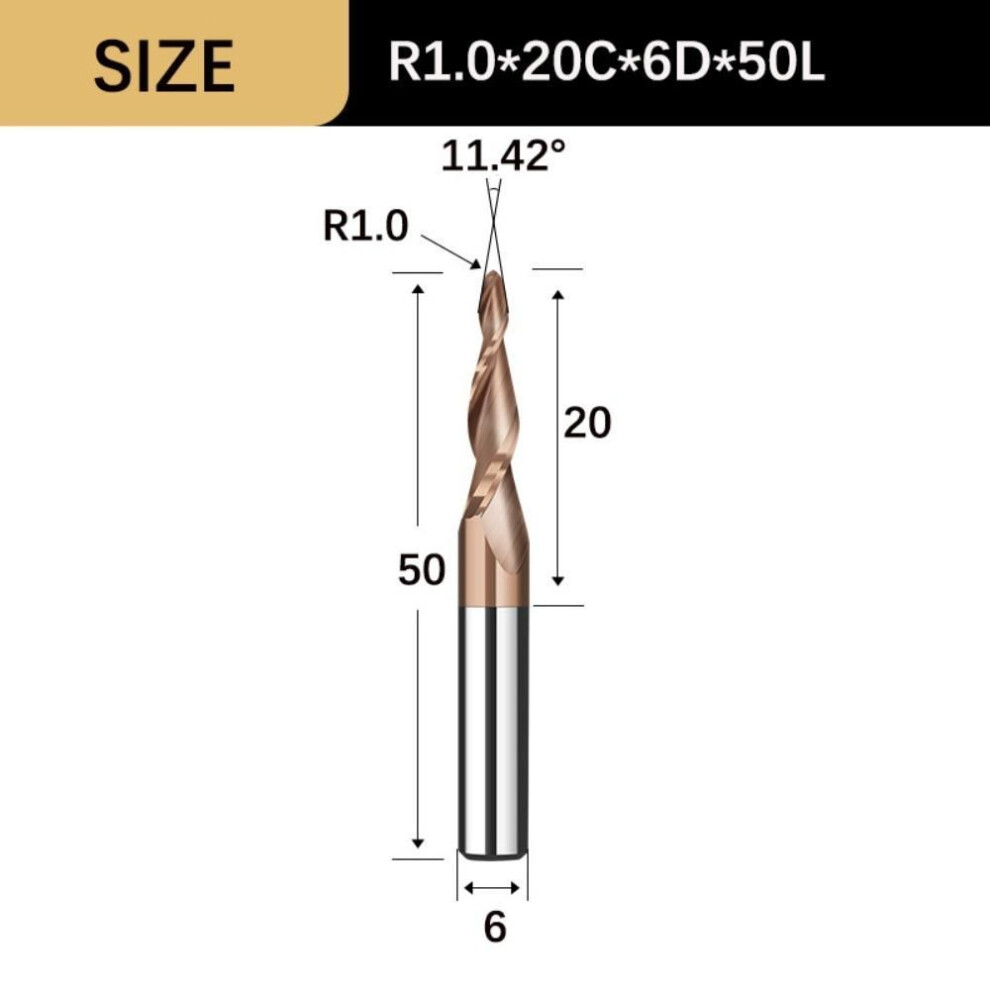 (R1.0x20Cx6Dx50L) Tapered Ball Nose CNC Carving Bit Spiral Metal Milling Wood Milling Endmill  Woodworking