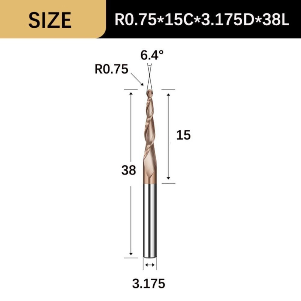(R0.75x15Cx3.175Dx38L) Tapered Ball Nose CNC Carving Bit Spiral Metal Milling Wood Milling Endmill  Woodworking
