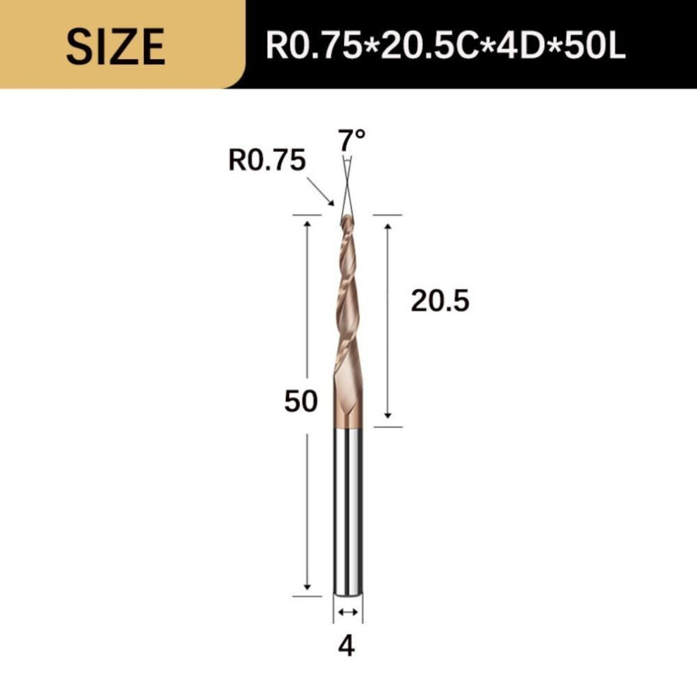 (R0.75x20.5Cx4Dx50L) Tapered Ball Nose CNC Carving Bit Spiral Metal Milling Wood Milling Endmill  Woodworking