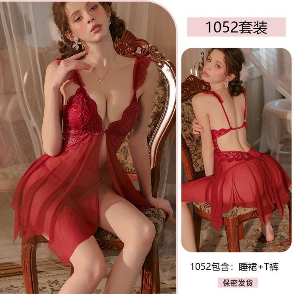 (burgundy, One Size) Sexy pure desire mesh nightdress chest pad erotic female perspective lace seduction uniform pajamas 1052