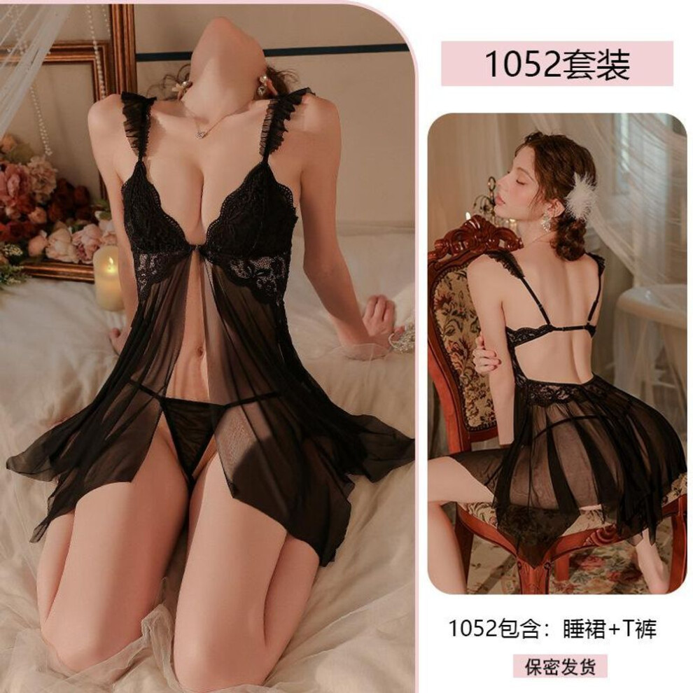 (black, One Size) Sexy pure desire mesh nightdress chest pad erotic female perspective lace seduction uniform pajamas 1052