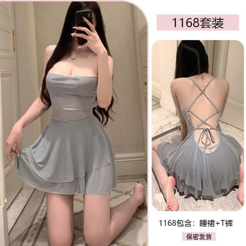 (green, one size fits all) Sexy Royal Sister Sexy Mesh Perspective Seduction Pajamas Pure Desire Beauty Back Lace-up Free Pajamas 1168