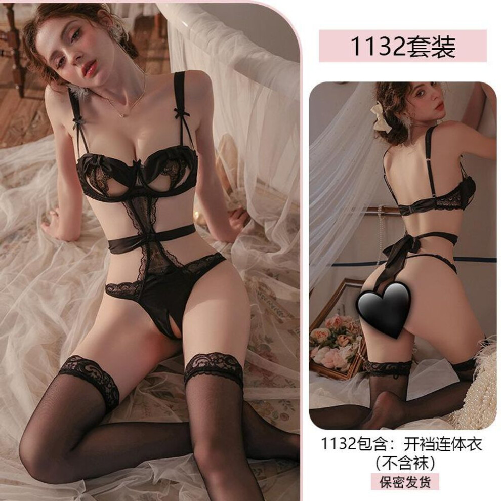 (black, One Size) Sexy sexy onesie women's steel tray gathers pure lace temptation corset open crotch pajamas 1132