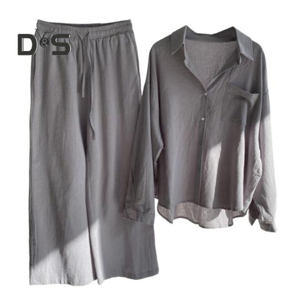 (grey, M) Women Two Piece Shirt Set Button Down Long Sleeve Shirt Wide Leg Pants Set Casual Cotton Lounge Outfit Suit for Spring Summer