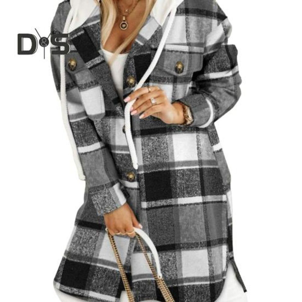 (grey, XL) Women Fall Winter Sweater Coat Hooded Drawstring Twisted Pattern Contrast Color Thick Knitted Solid Color Long Sleeve Mid Length Pockets Split Hem