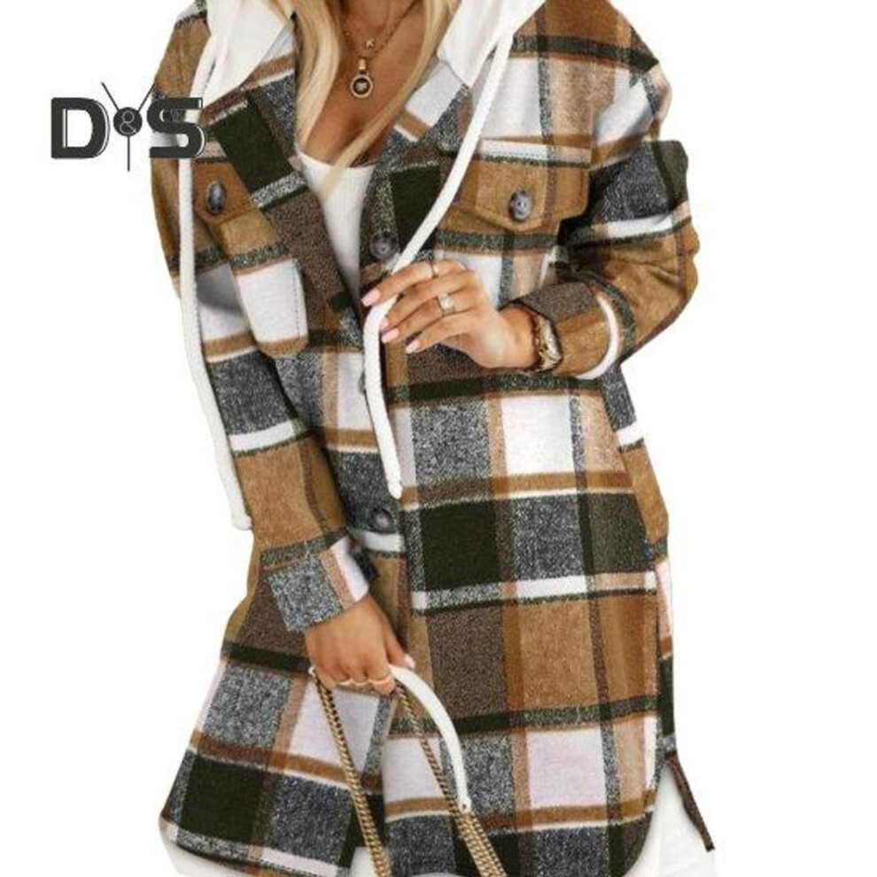 (dark khaki, 2XL) Women Fall Winter Sweater Coat Hooded Drawstring Twisted Pattern Contrast Color Thick Knitted Solid Color Long Sleeve Mid Length Pockets Split Hem