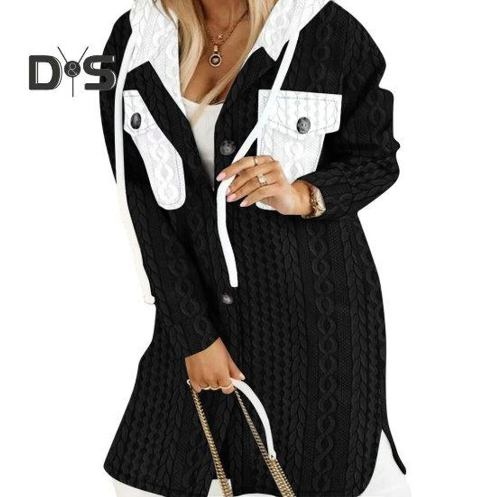 (black, L) Women Fall Winter Sweater Coat Hooded Drawstring Twisted Pattern Contrast Color Thick Knitted Solid Color Long Sleeve Mid Length Pockets Split Hem