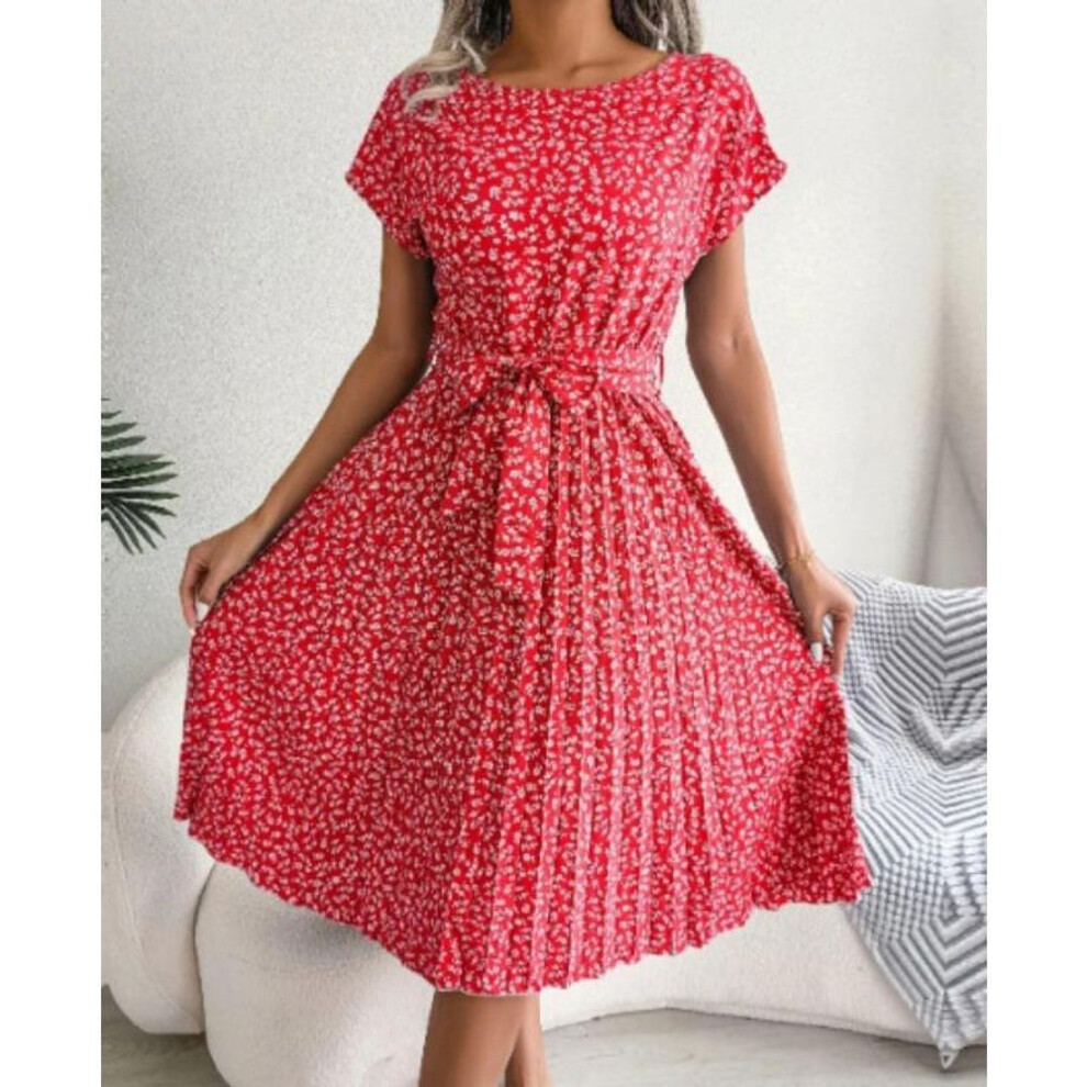 (red, XXL) Spring Summer Casual Short Sleeved Floral Pleated for Women Casual Dresses