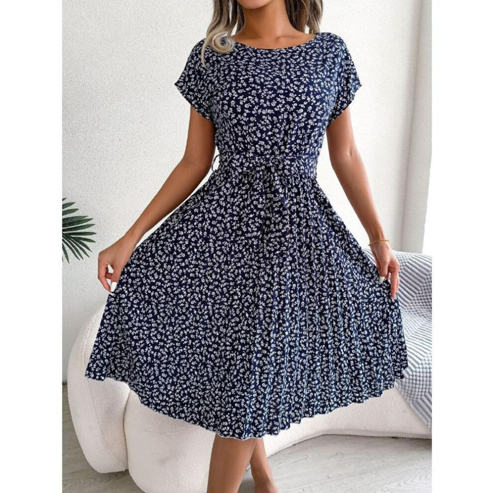 (navy, XXXL) Spring Summer Casual Short Sleeved Floral Pleated for Women Casual Dresses
