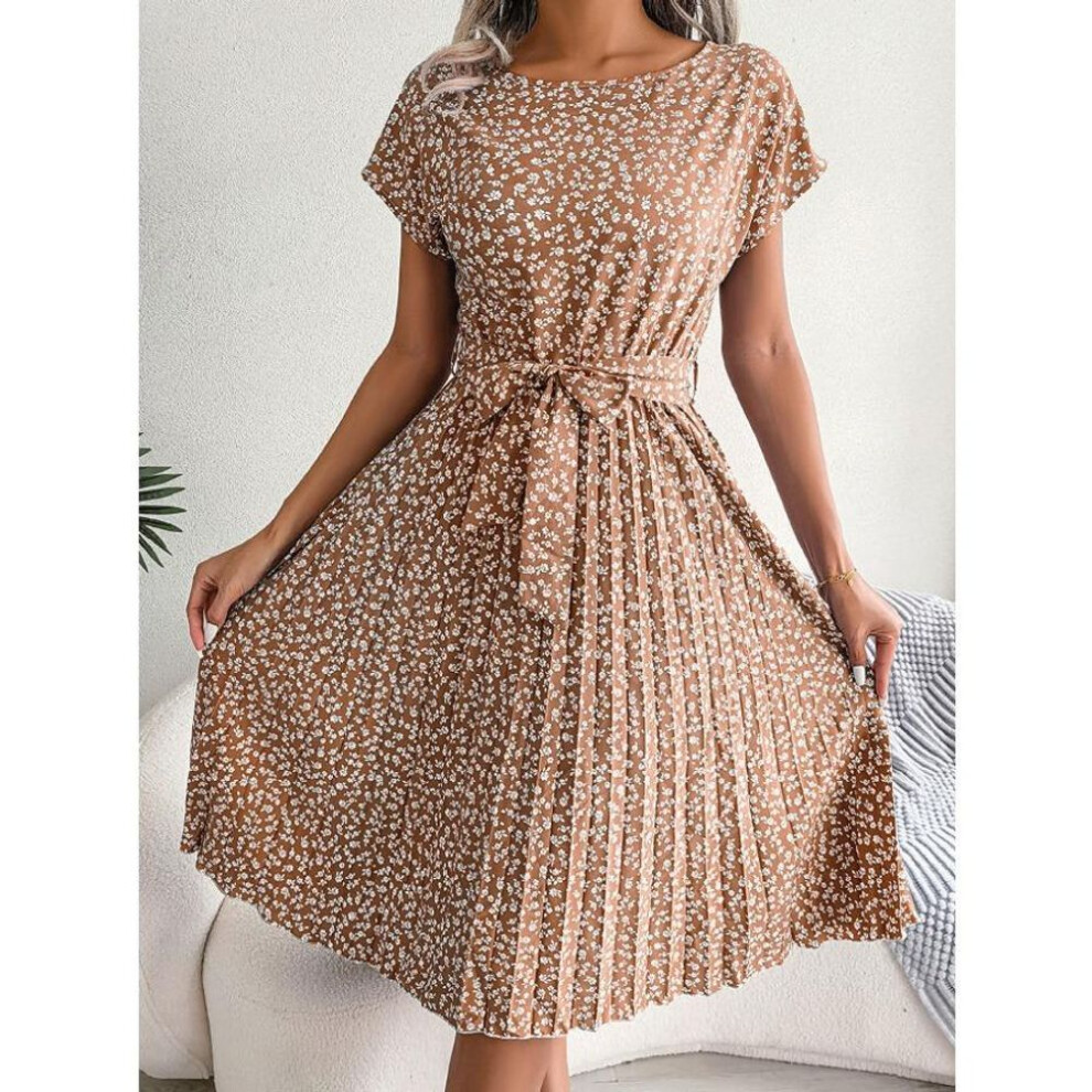 (dark brown, XXXL) Spring Summer Casual Short Sleeved Floral Pleated for Women Casual Dresses