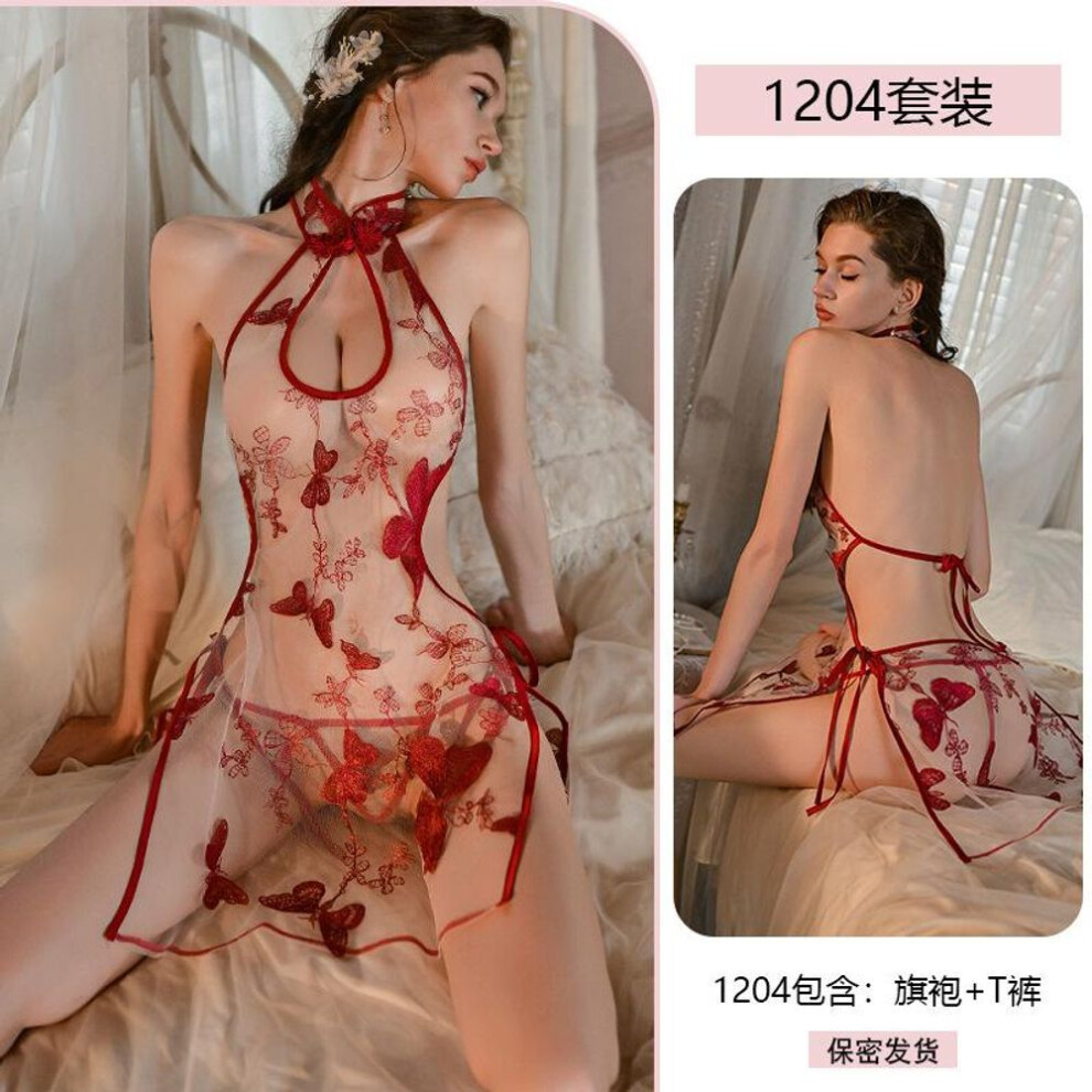 (burgundy, one size fits all) Sexy Sexy Butterfly Embroidered Cheongsam Antique Perspective Uniform Temptation Lace-up Large Size Pajamas 1204