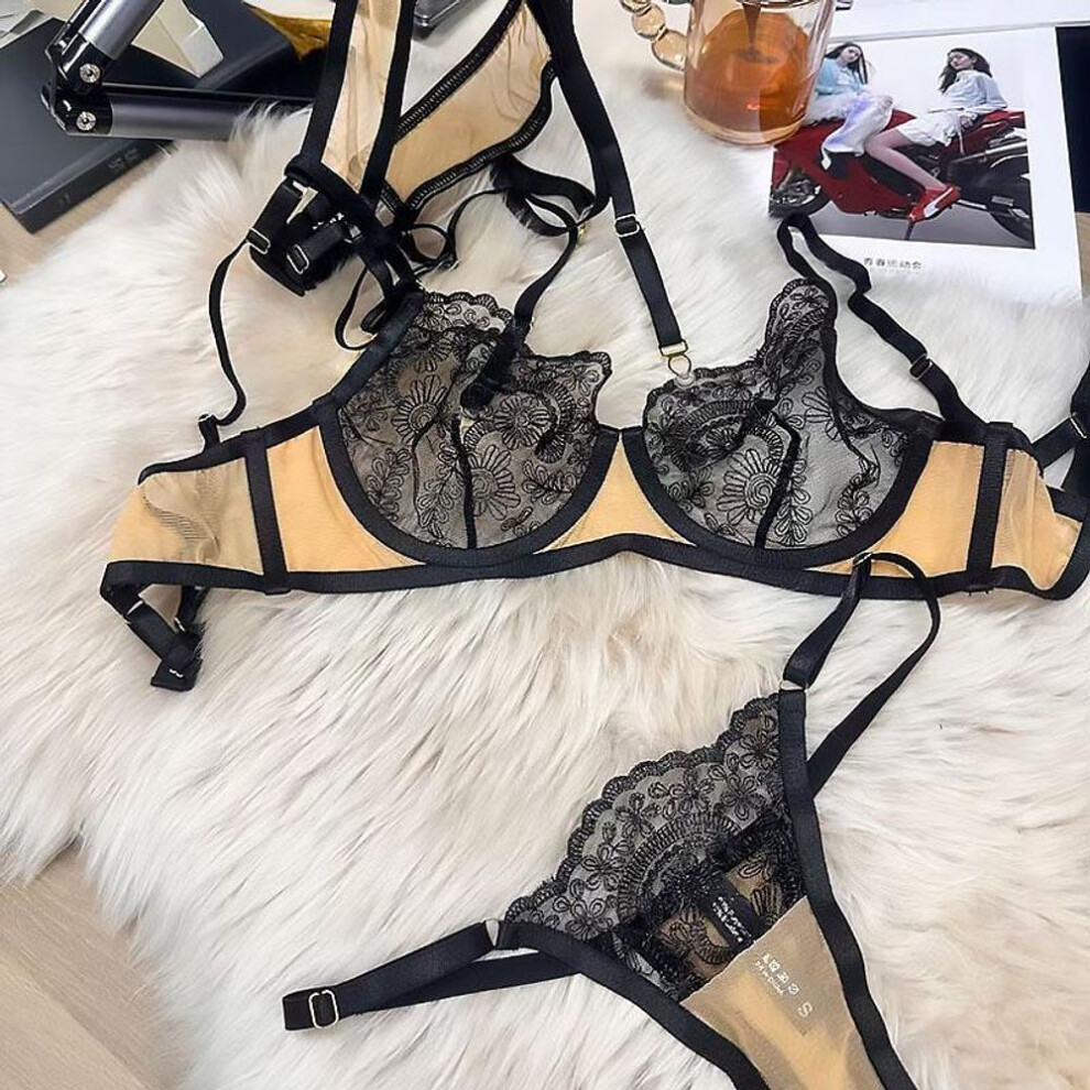 (M, black) Sex Set Sexy Fun French Ultra-thin Embroidered Lace Small Garter Three-piece Set