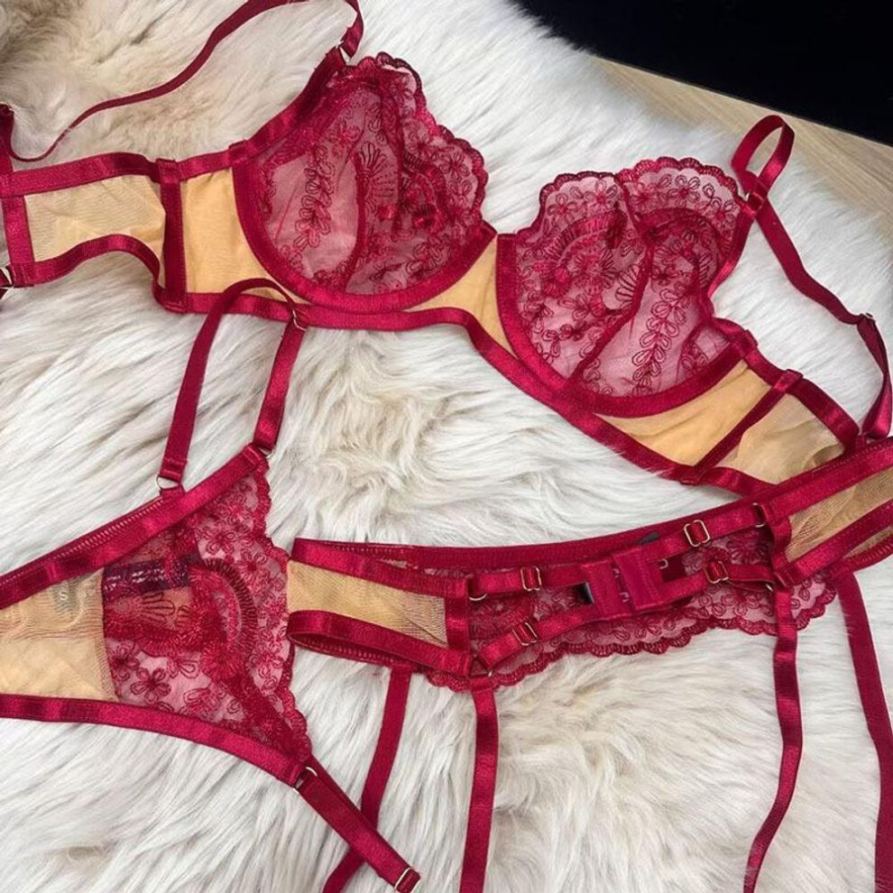 (M, red) Sex set Sexy fun French ultra-thin embroidered lace small garter three-piece set