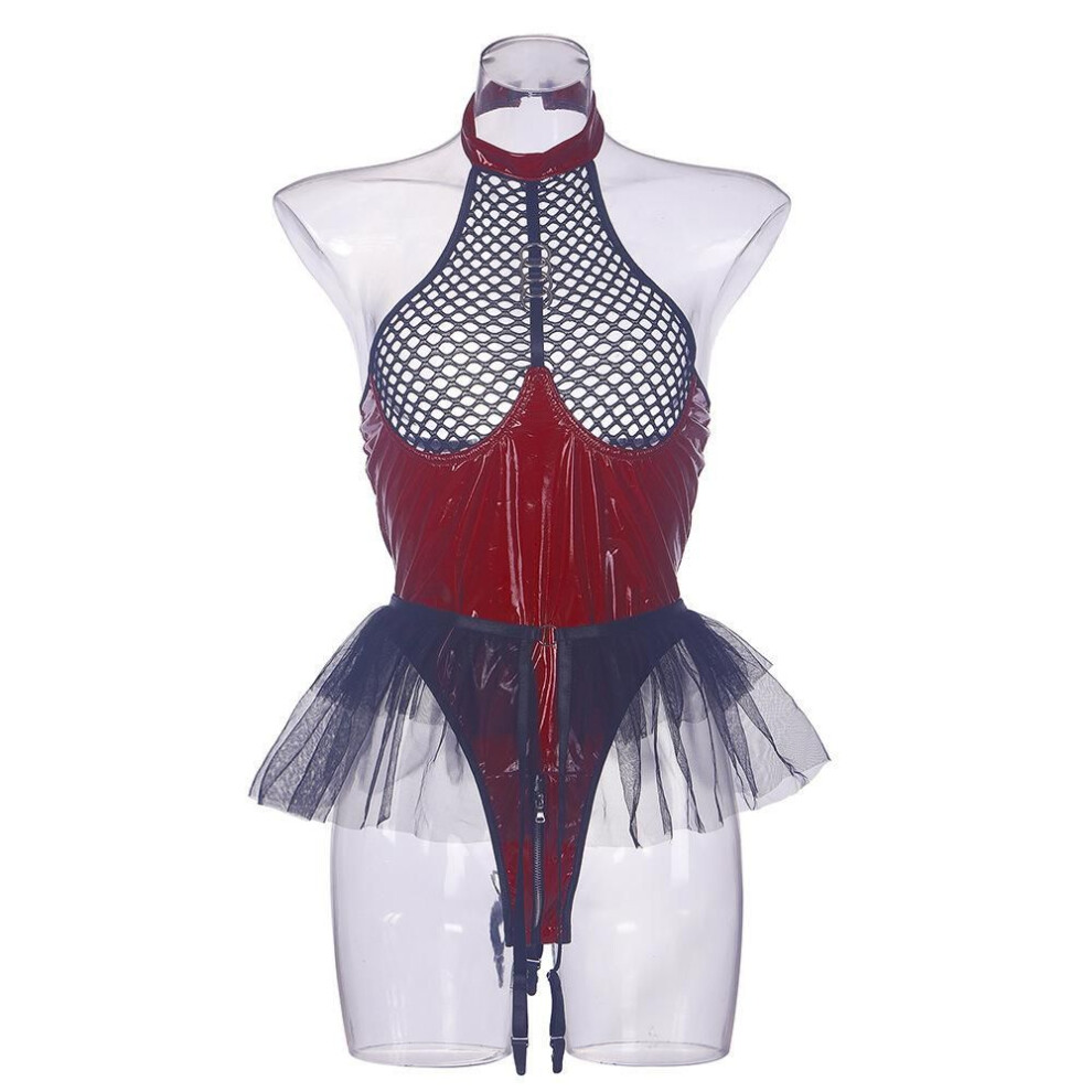 (burgundy, XL) Sex suit Sexy PU patent leather mesh joint hanging neck mesh, skirt, garter belt, detachable onesie