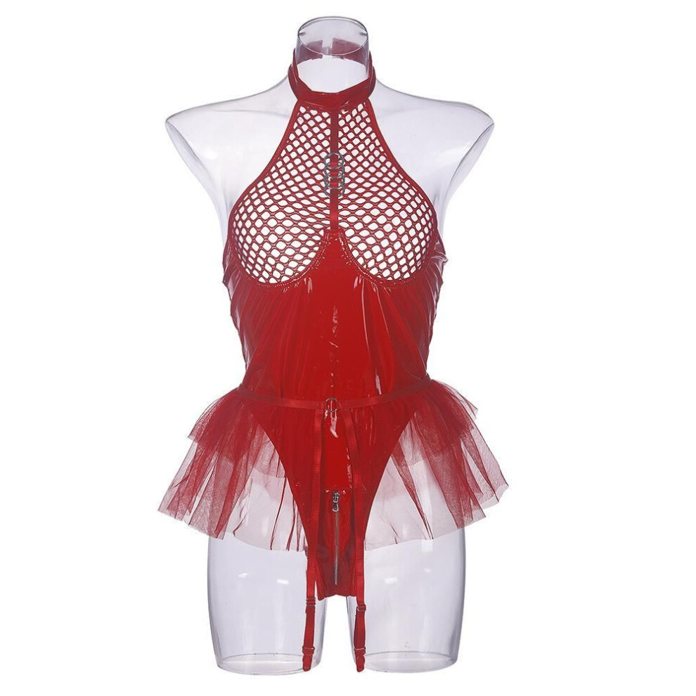 (red, L) Sex suit Sexy PU patent leather mesh joint hanging neck mesh, skirt, garter belt, detachable onesie