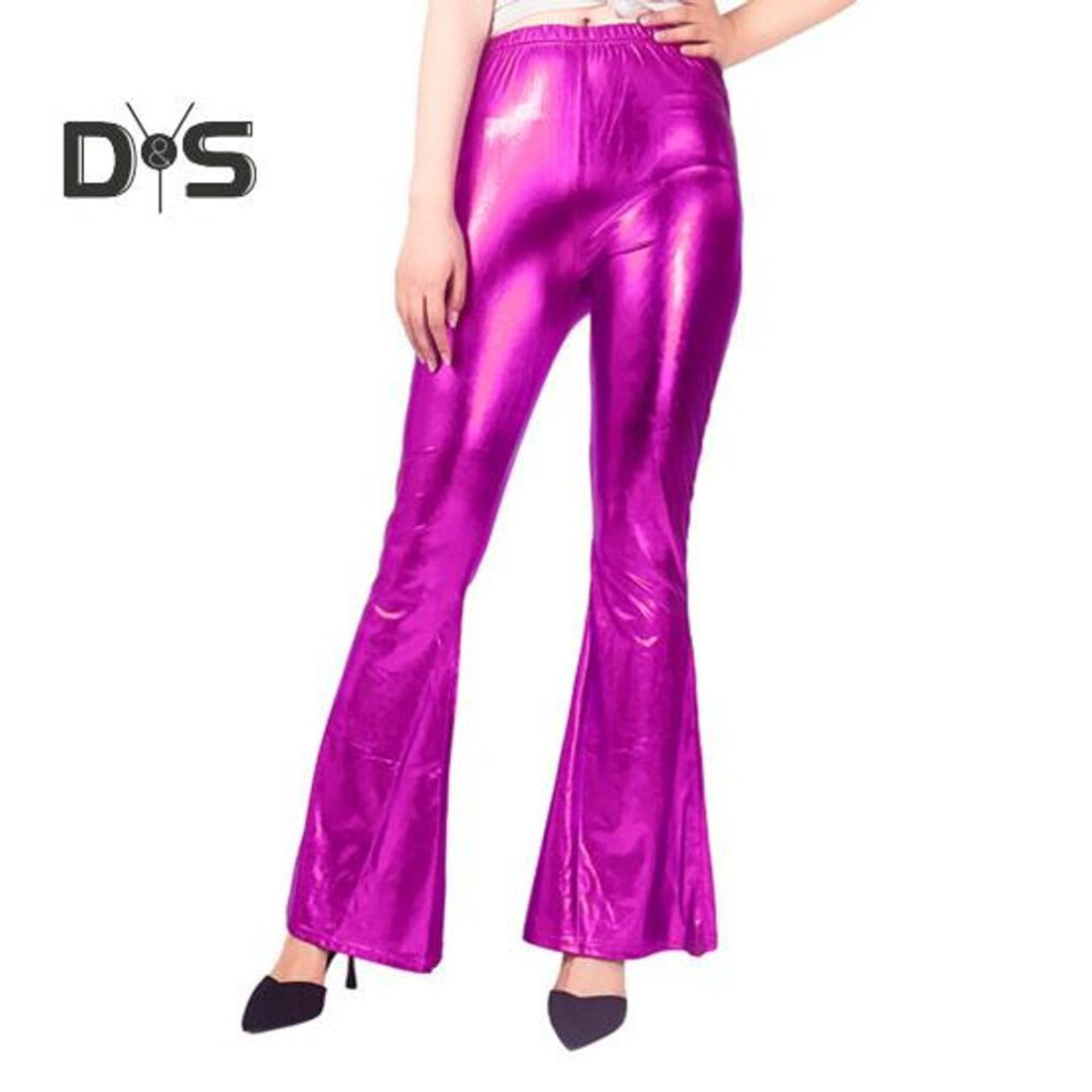 (rose red, S) Women Flared Pants Mid-rise Glossy Surface Solid Color Long Trousers Flared Fit Performances Parties Imitation Leather Pants