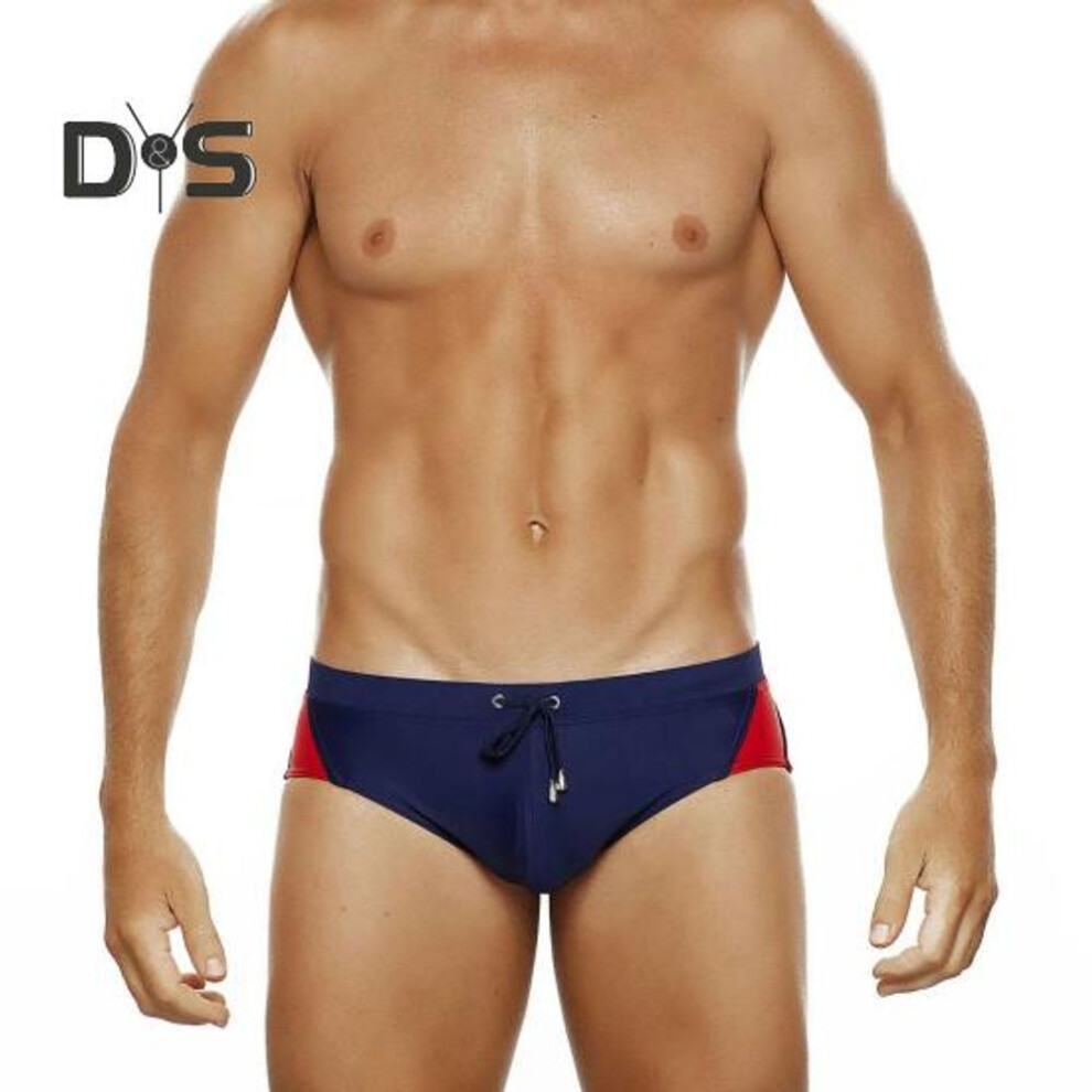 (dark blue, 2XL) Men Swimming Briefs Low Waist Anti-exposure Drawstring Color Matching Soft Quick Dry Breathable Slim Fit Bathing Surfing Water Sports Swimming Trunks