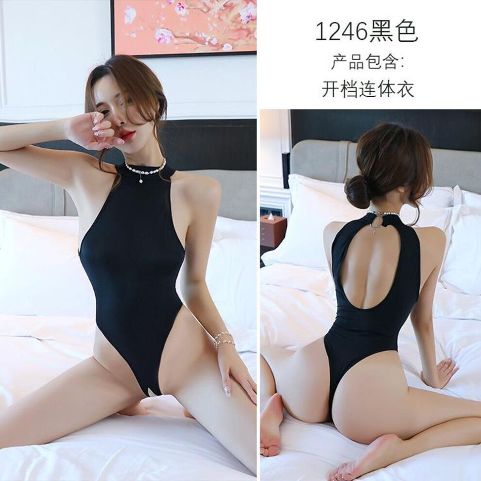 (black, One Size (80-60kg)) Sexy lingerie sexy tights turtleneck transparent swimsuit sexy onesie ice silk woman