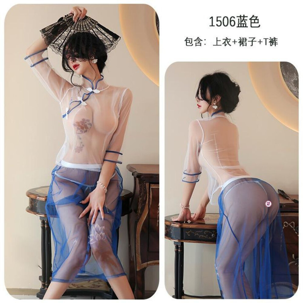 Sex underwear sexy temptation mesh perspective printing Republic of China long dress Hanfu suit