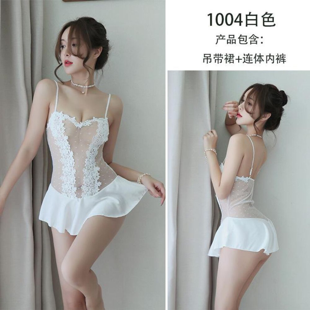 (white, One Size (80-60kg)) Erotic underwear female sexy cute polka dot one-piece princess dress suspender short skirt