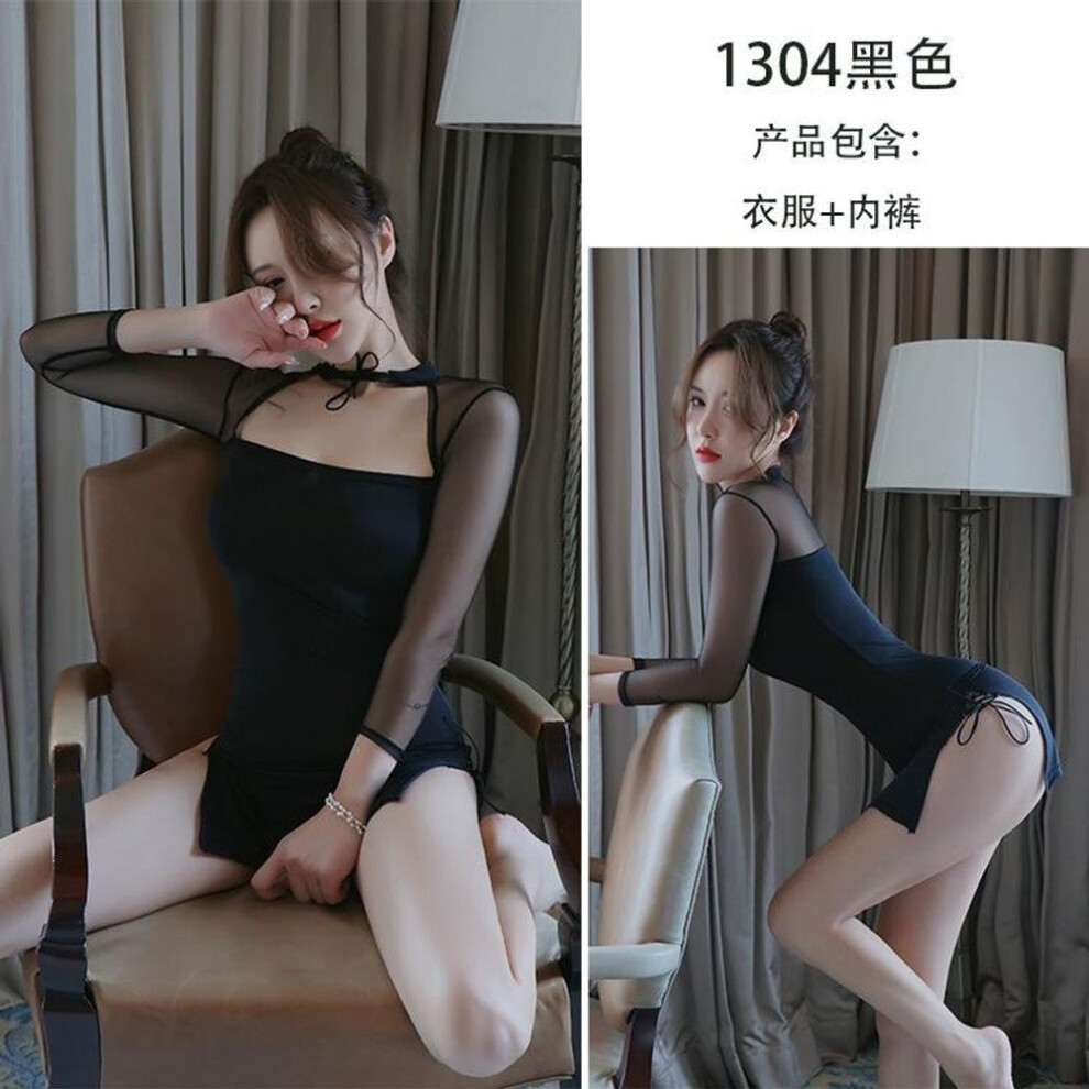 (black, One Size (80-60kg)) Sex underwear women's sexy pajamas slit cheongsam uniform hollow lace-up retro outfit