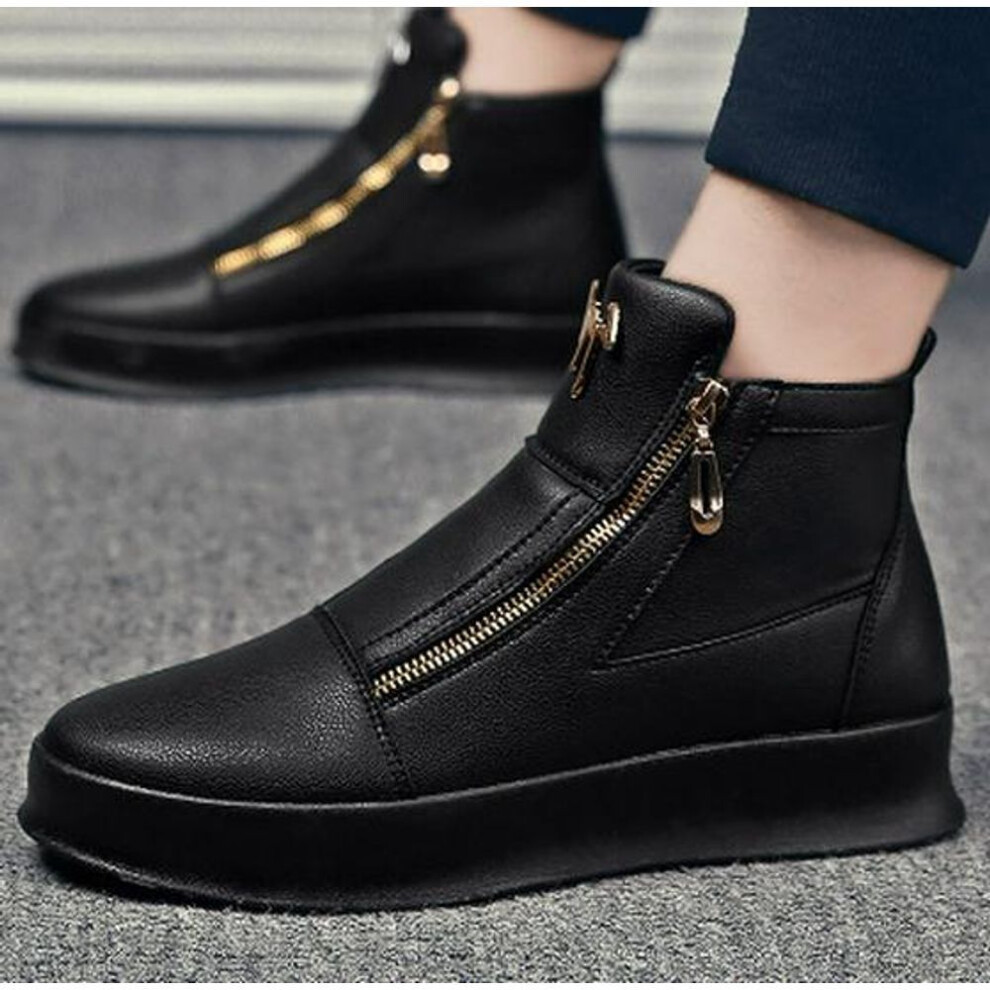 (black, 42) 2024 Men's Summer Leather High-top Sneakers: Breathable, Thick-soled White Casual Shoes