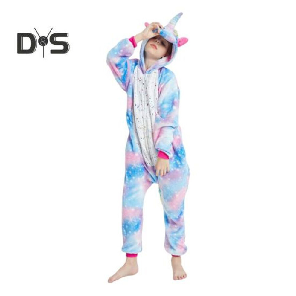 (blue, XL) Flannel Lounge Jumpsuit With Exclusive Animal Hat Bright Colored Pajamas Long Sleeve Starry Pattern Cartoon Style Lounge Kids Daily Wear