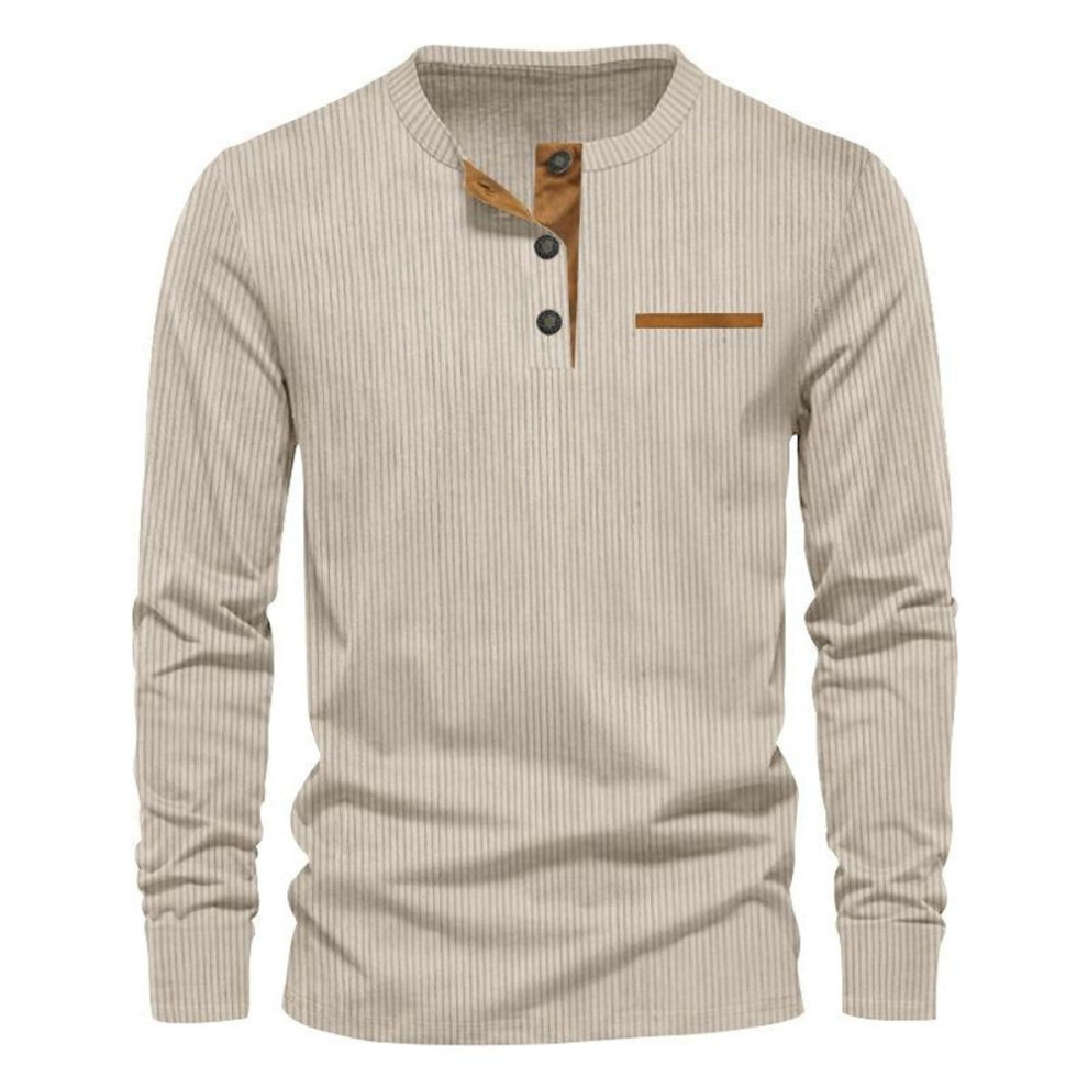 (apricot, M) Spring New Casual Men's Corduroy Henley Shirt Men's Long-sleeved Slim T-shirt