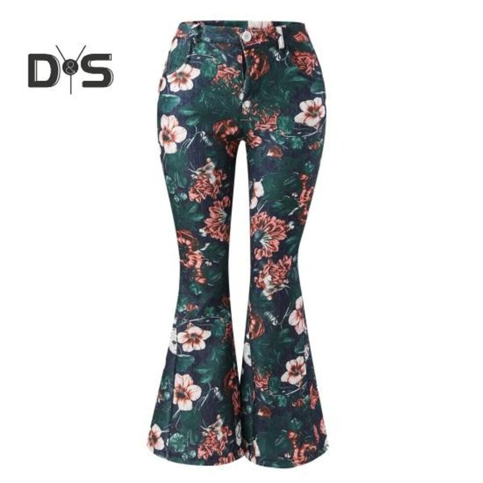 (red, L) Women Denim Pants High-Waisted Floral Print Flared Jeans with Pockets Belt Ring Lightweight Breathable Jeans