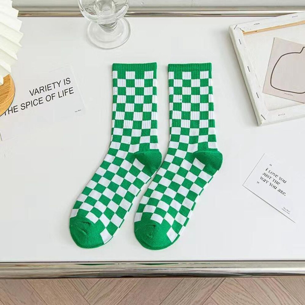 (green, One size) Trendy Checkerboard Socks For Men And Women Cotton Mid-tube Socks Trending Autumn Sports All-match Plaid Socks