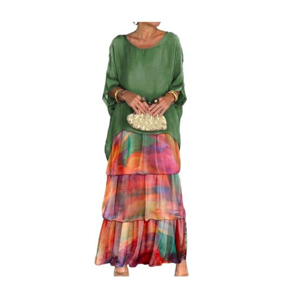 (multicolor, 2XL) Evenig Dress Layered Scattered Cake Hem Contrast Color Printing Half Sleeves Maxi